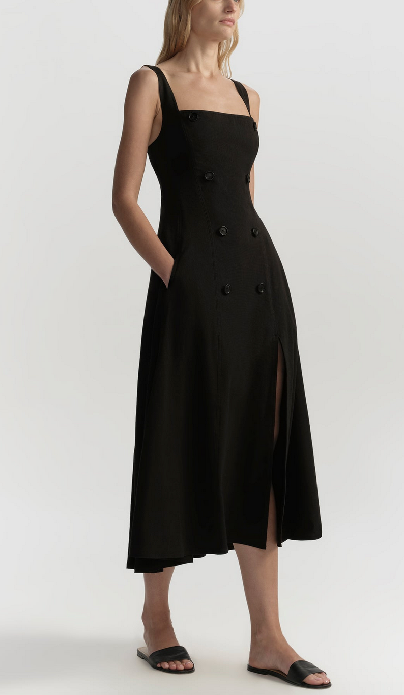 hayes button front linen midi dress black