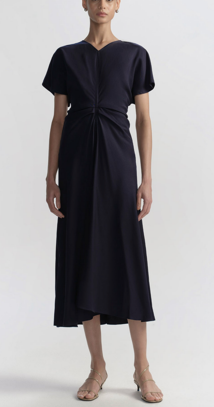 rem rouched midi dress night blue