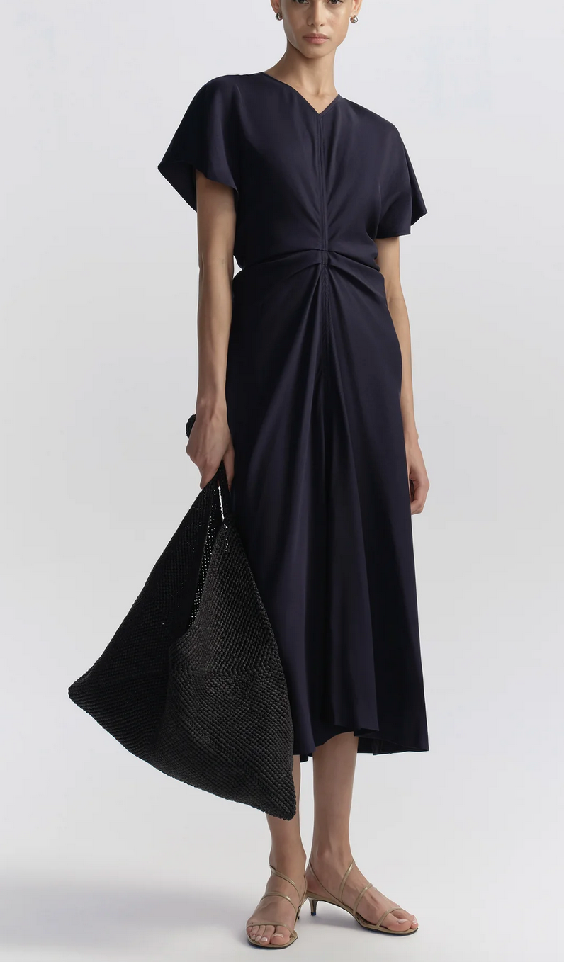 rem rouched midi dress night blue