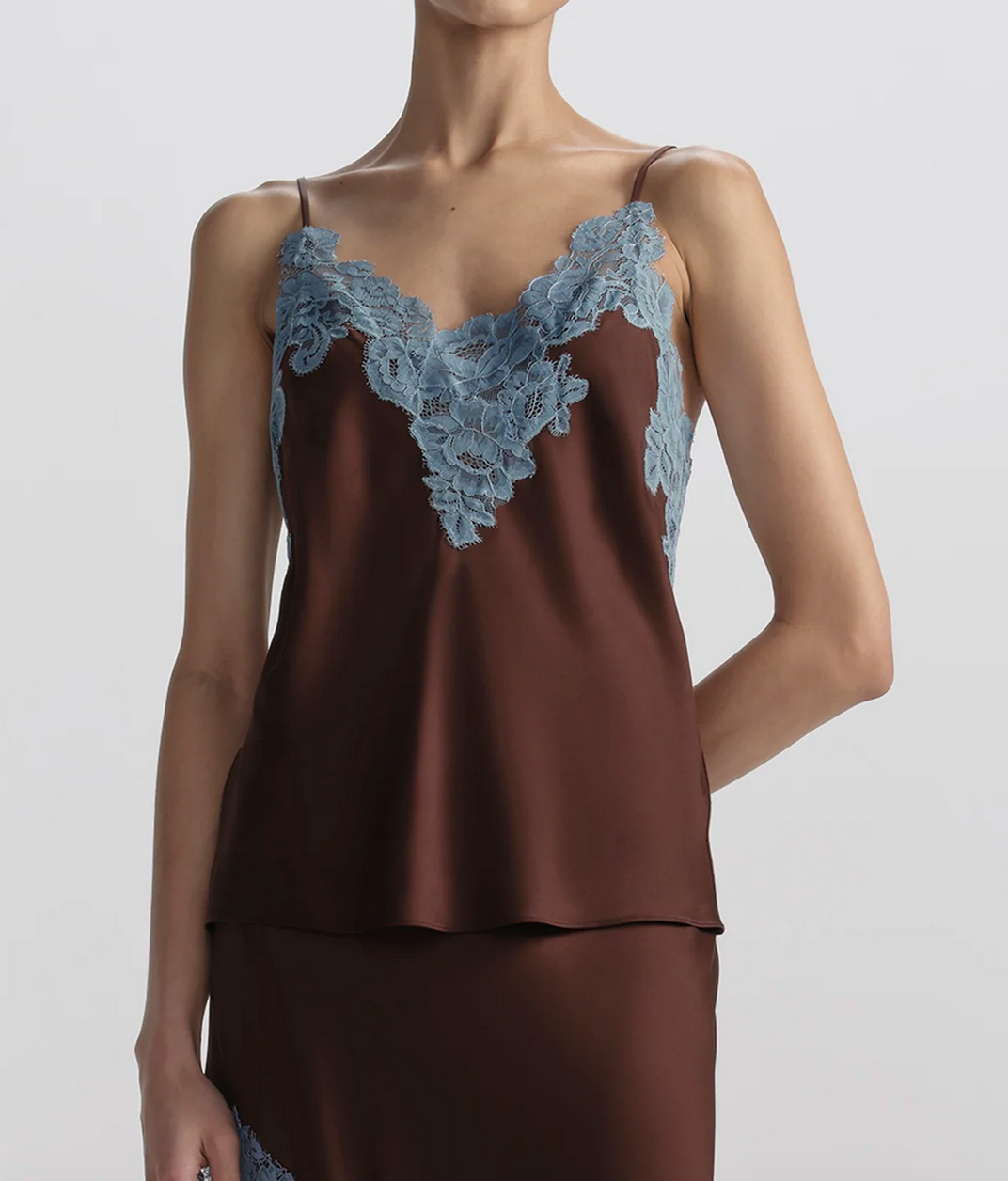 hana satin and lace camisole top ganache / french blue