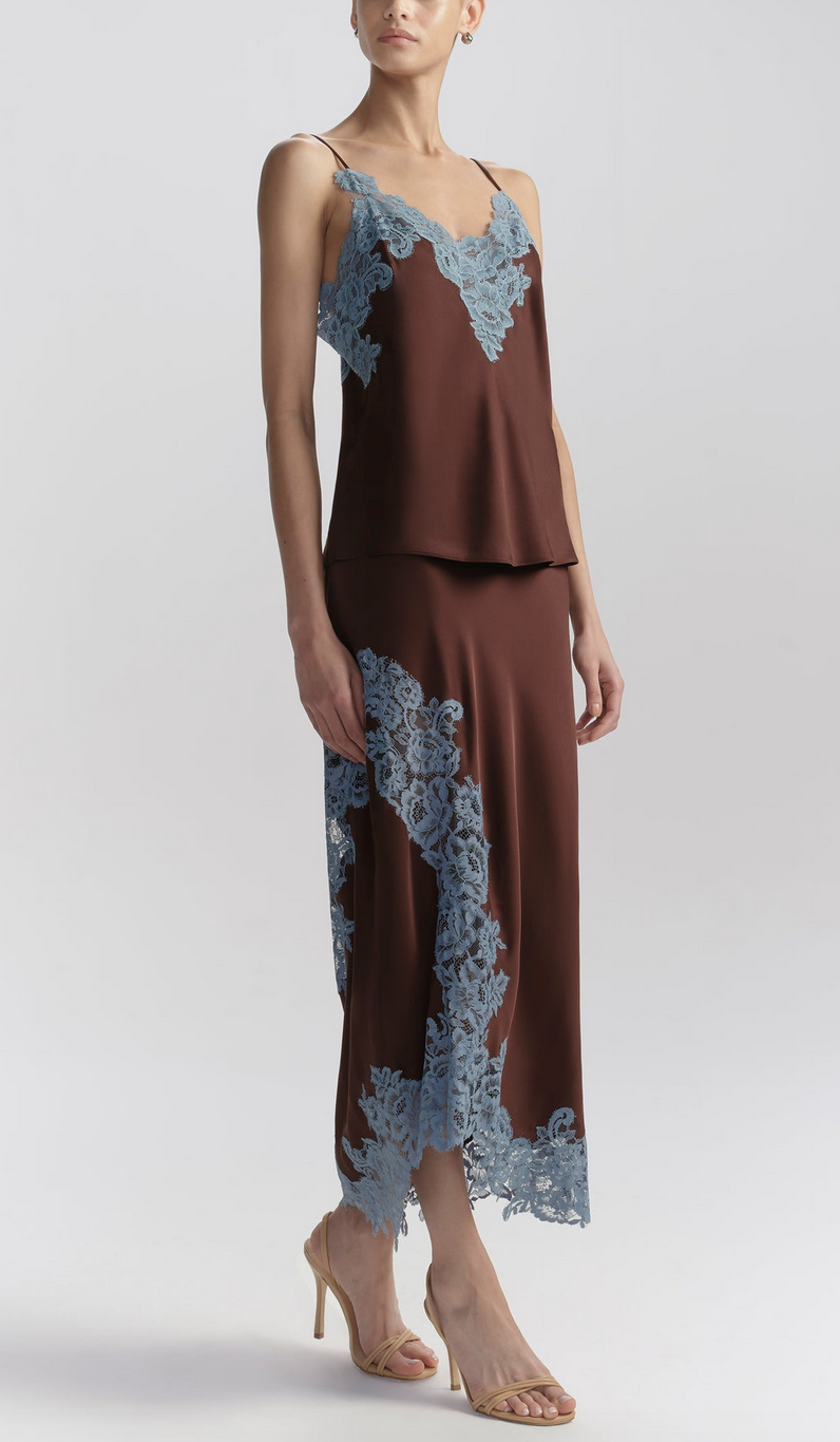 olivia satin and lace midi skirt ganache / french blue