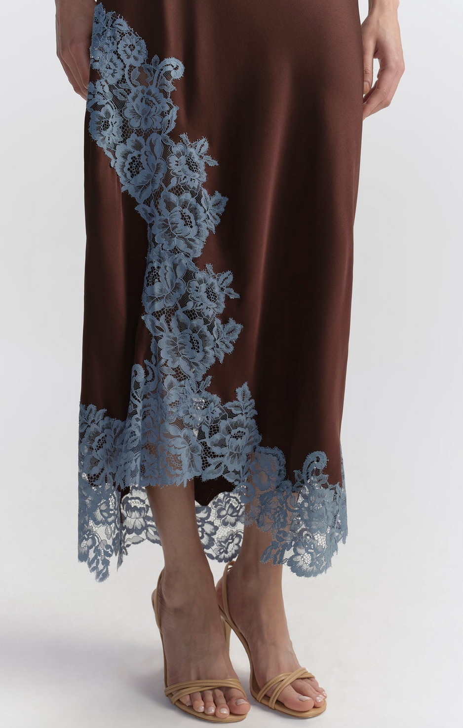 olivia satin and lace midi skirt ganache / french blue