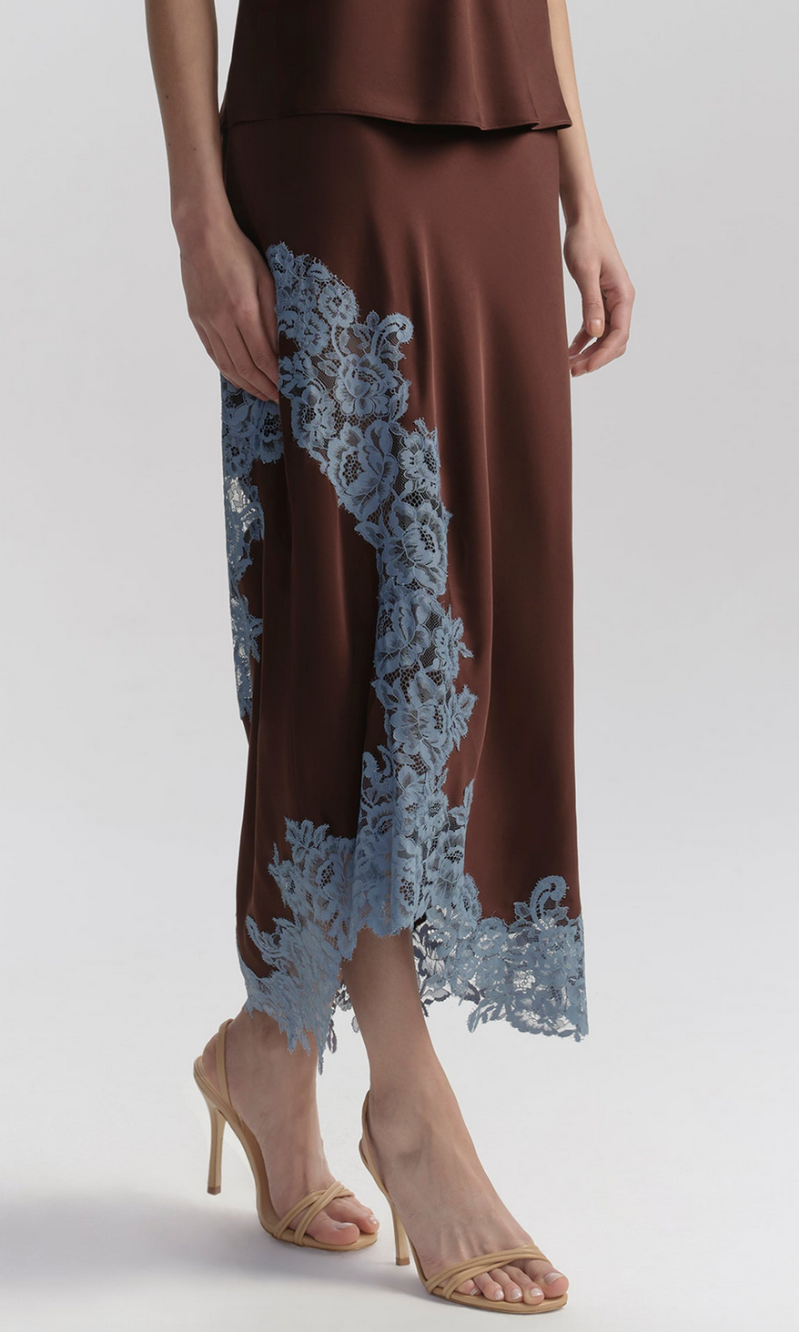 olivia satin and lace midi skirt ganache / french blue