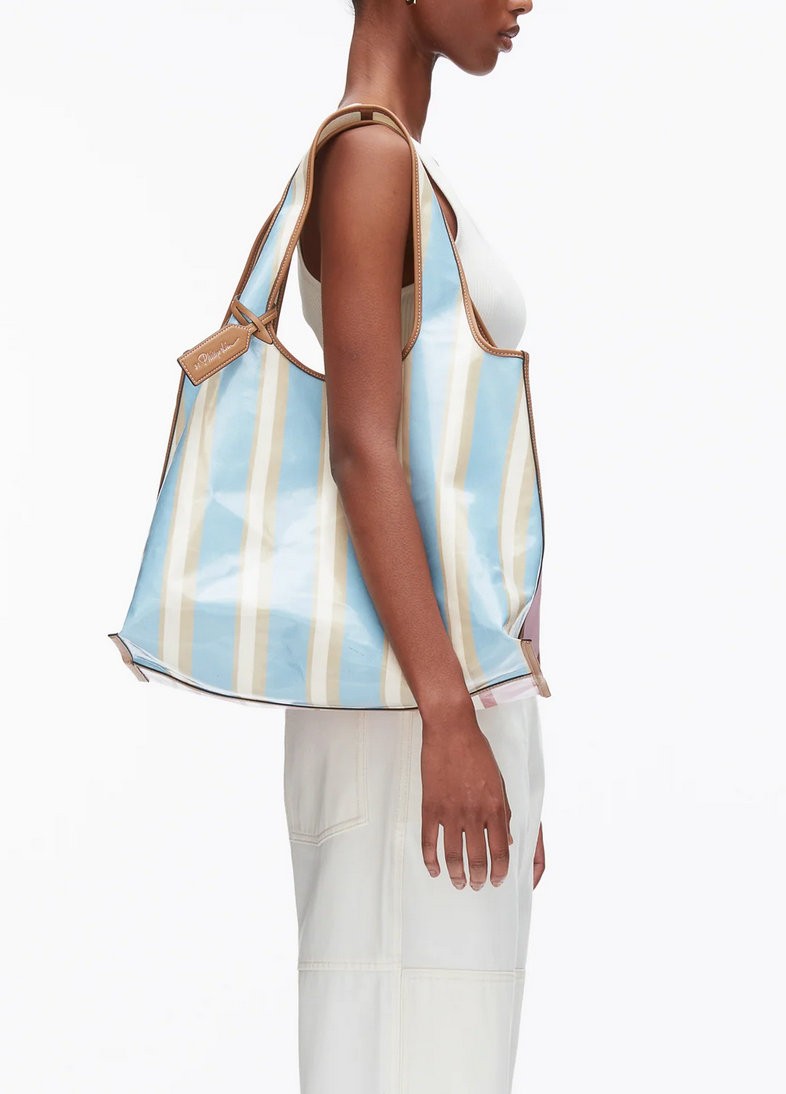Dual stripe market tote blue pink multi
