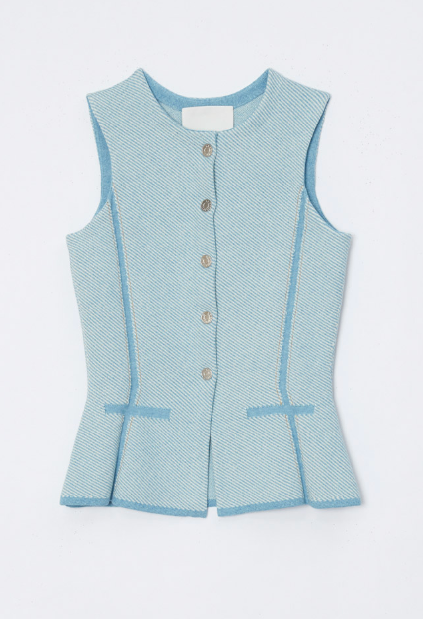 Denim effect crew neck button up vest
