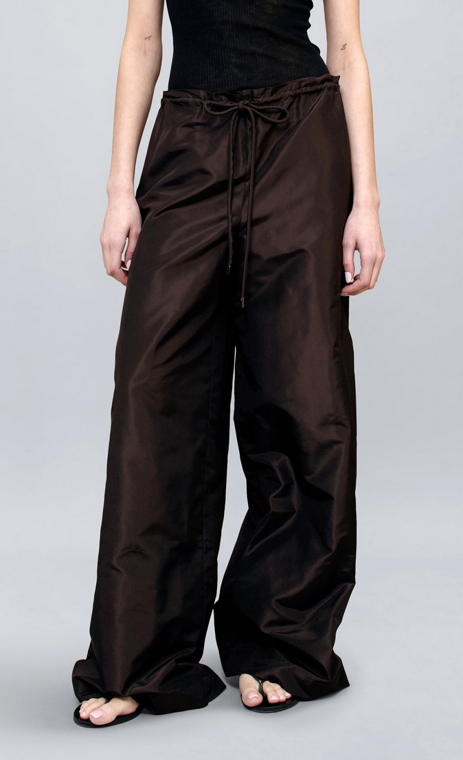 Wesley drawstring pant in silk taffeta espresso