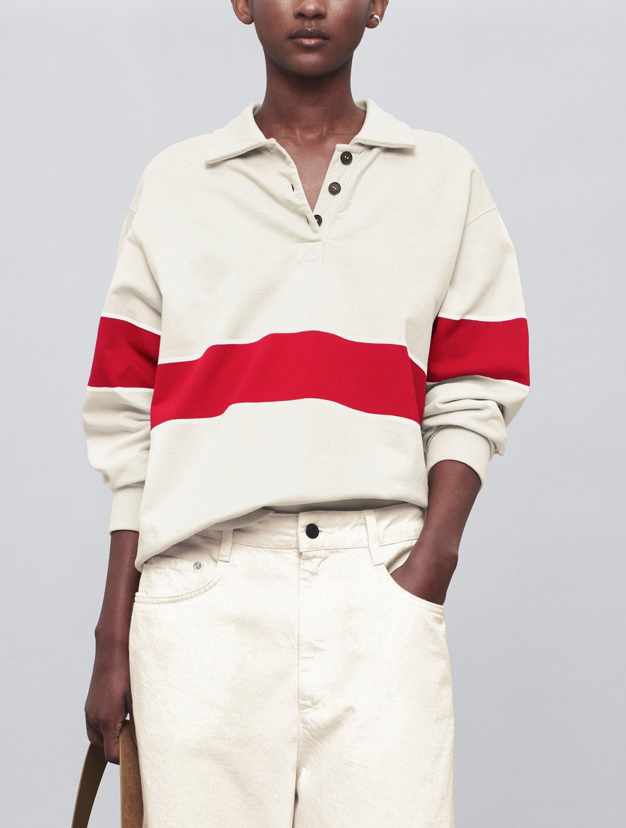 blake rugby polo in cotton terry ecru &amp; crimson