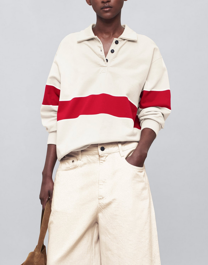 blake rugby polo in cotton terry ecru & crimson