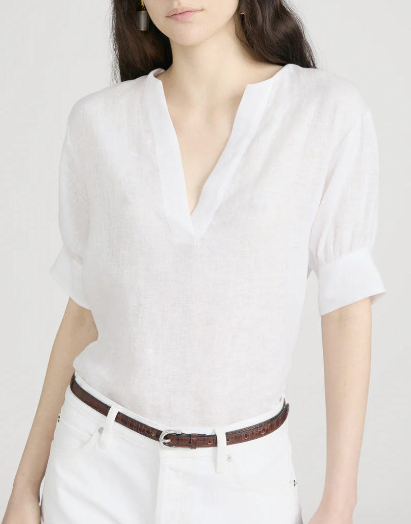 Linen V-Neck Popover White