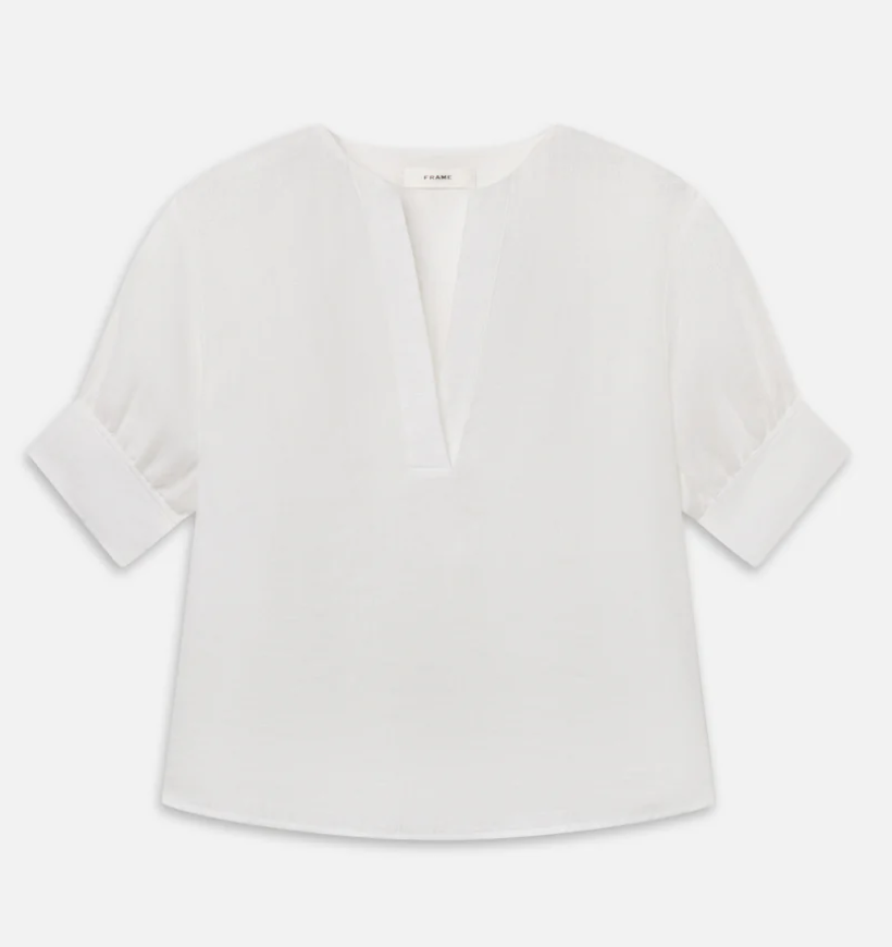 Linen V-Neck Popover White