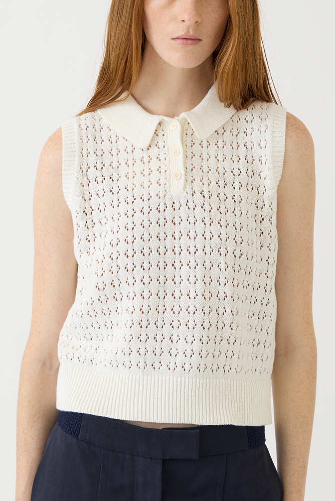 Cindy Crochet Cotton Linen Polo Top Off White
