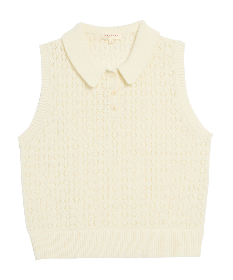 Cindy Crochet Cotton Linen Polo Top Off White