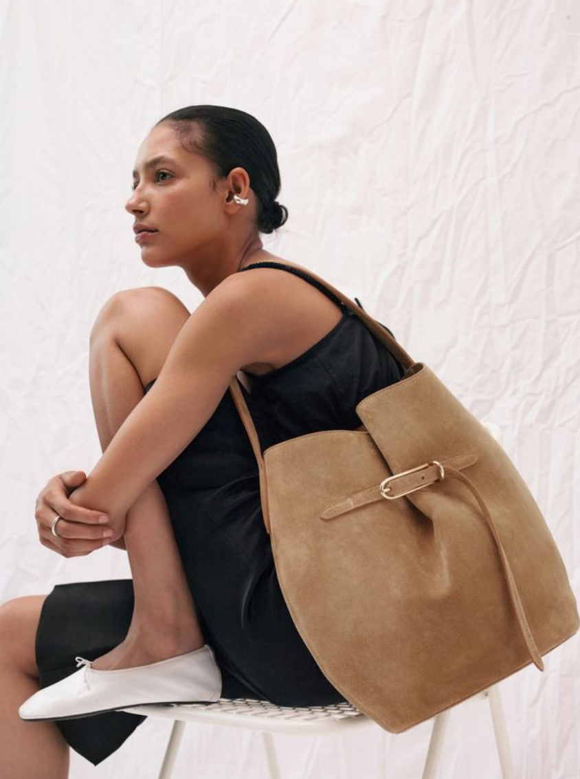 Belted bucket bag large sand suede