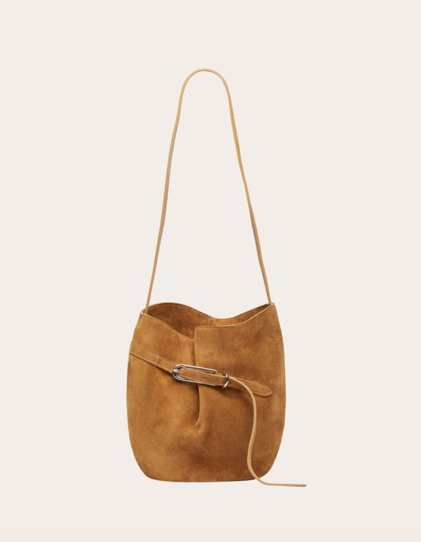 Belted bucket bag sand suede