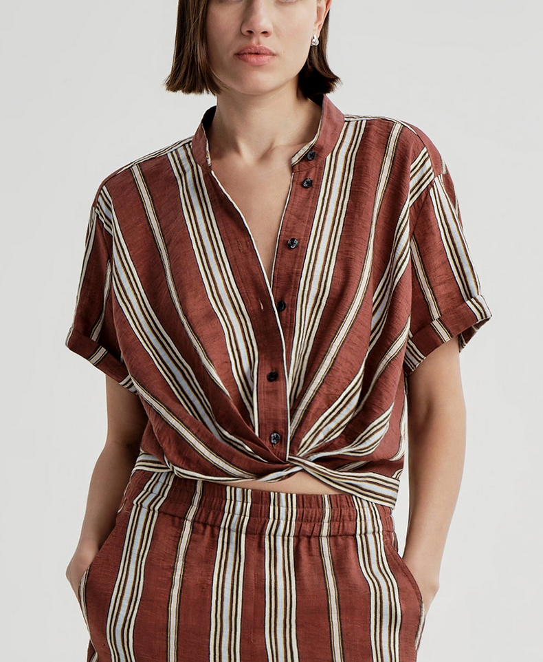 Leonore Short Sleeve Striped Linen Shirt Brunette Multi