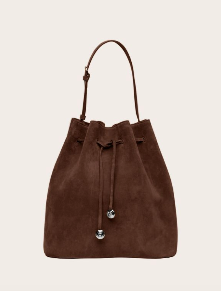charm bucket dark brown suede
