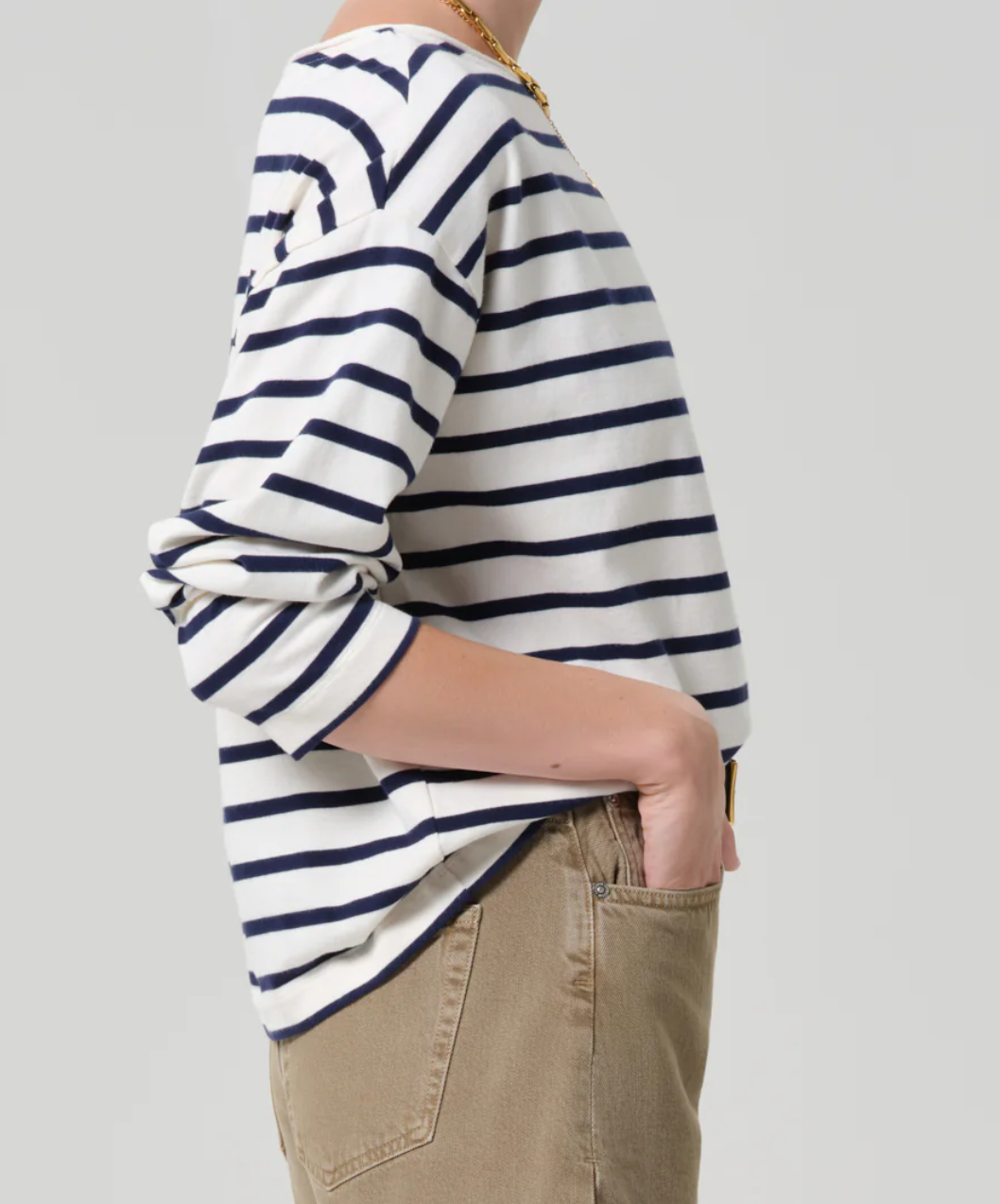Boat neck long sleeve tee in marine stripe