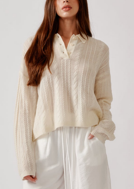 Elsie Relaxed LS Cashmere Polo Sweater Gardenia