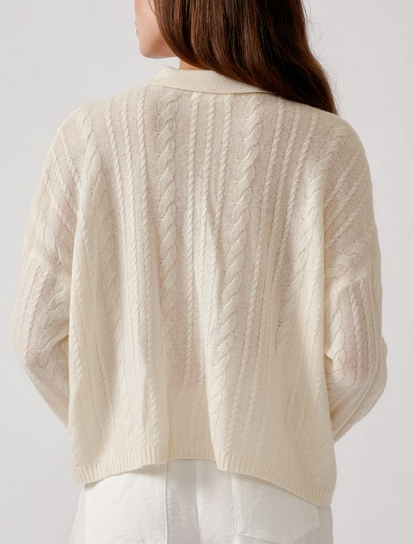 Elsie Relaxed LS Cashmere Polo Sweater Gardenia