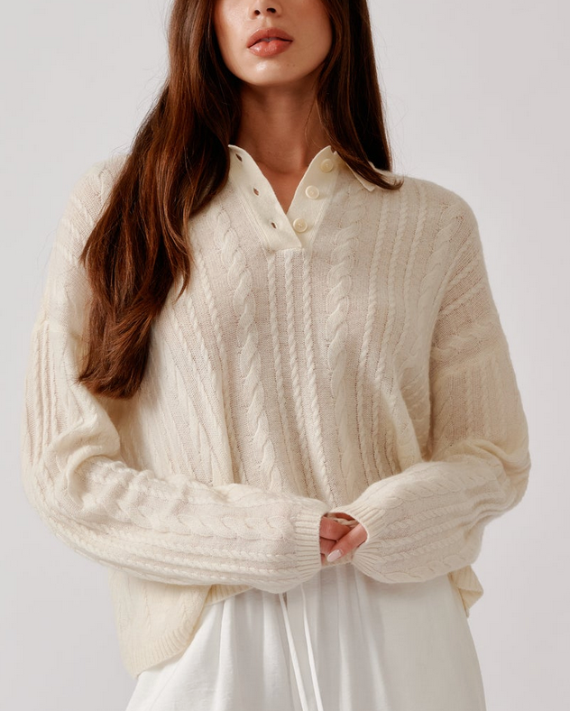 Elsie Relaxed LS Cashmere Polo Sweater Gardenia