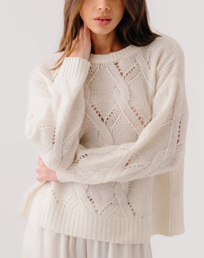 Gia Slouchy Cabe Knit Cashmere Crewneck Sweater Gardenia