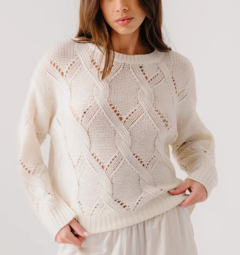 Gia Slouchy Cabe Knit Cashmere Crewneck Sweater Gardenia