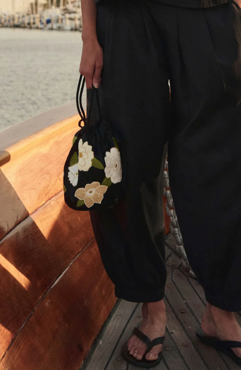 The embroidered cinched bucket bag black