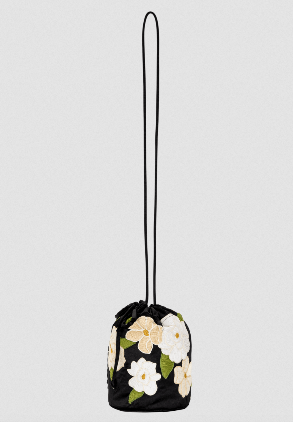 The embroidered cinched bucket bag black