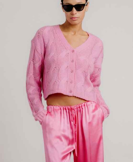 Jolie V-Neck Cropped Cable Cashmere Cardigan Dahlia Pink