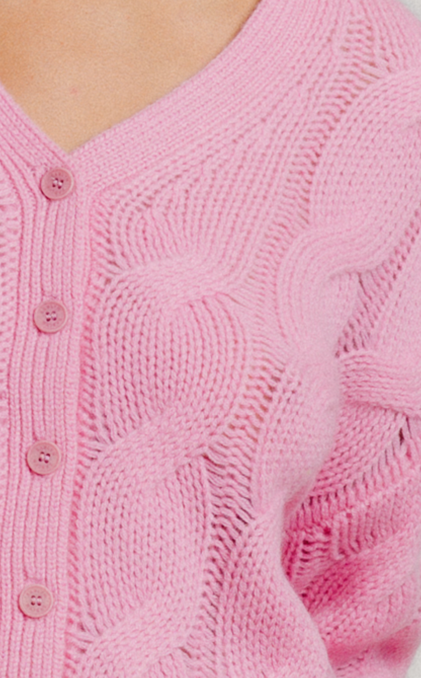 Jolie V-Neck Cropped Cable Cashmere Cardigan Dahlia Pink