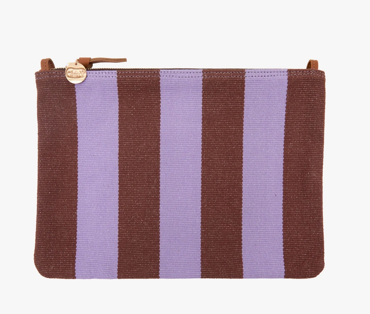 Flat Clutch w/ Tabs Jacaranda/hazelnut canvas stripe + leather grommet shoulder strap