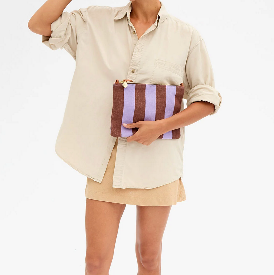 Flat Clutch w/ Tabs Jacaranda/hazelnut canvas stripe + leather grommet shoulder strap