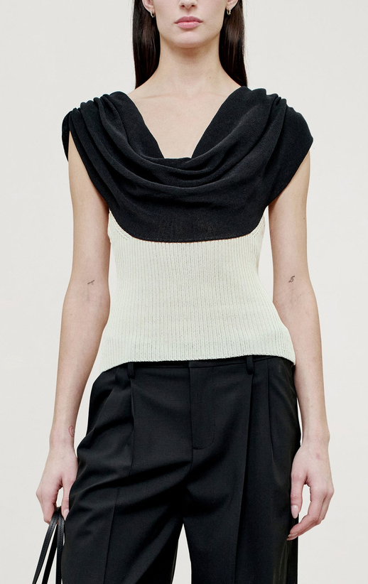 Meeka Cowl Neck Tank in Cotton Nylon Black &amp; Vanilla