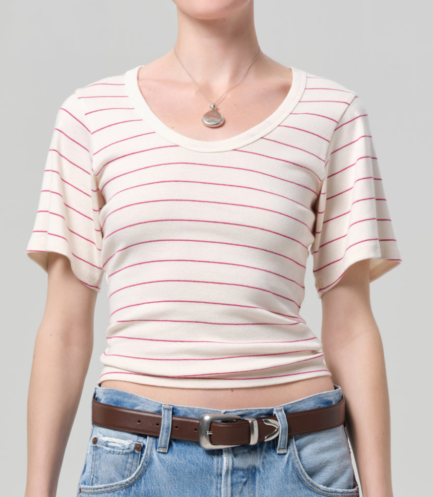 Rosalie U Neck Tee In Raspberry Stripe