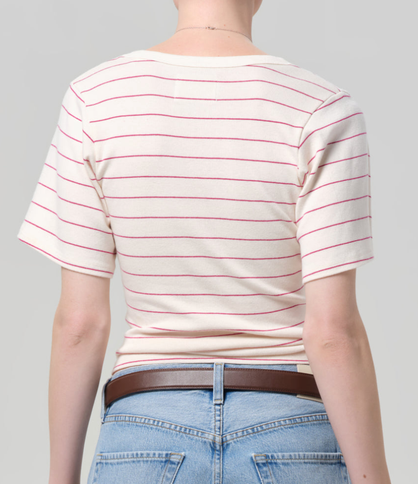 Rosalie U Neck Tee In Raspberry Stripe