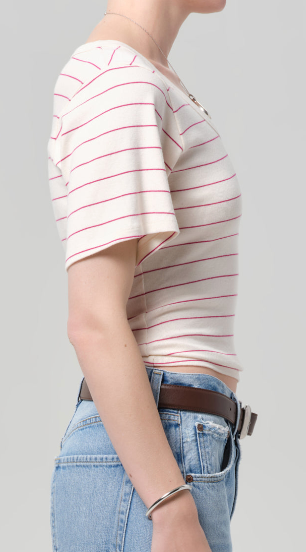 Rosalie U Neck Tee In Raspberry Stripe