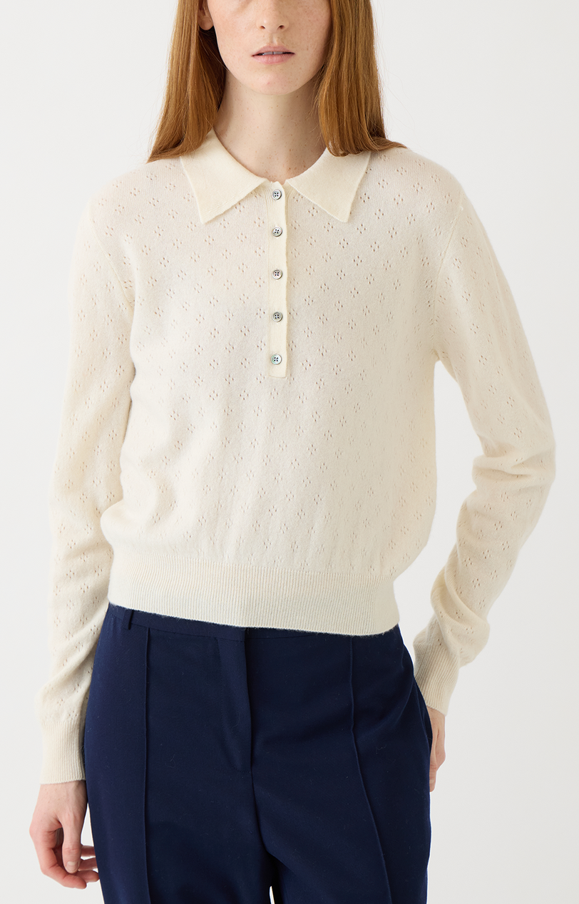 Lottie Pointelle Cashmere Polo Ivory