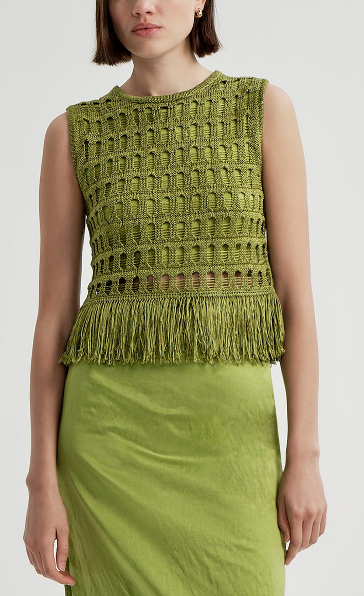 Esme Crochet Fringe Top Sage