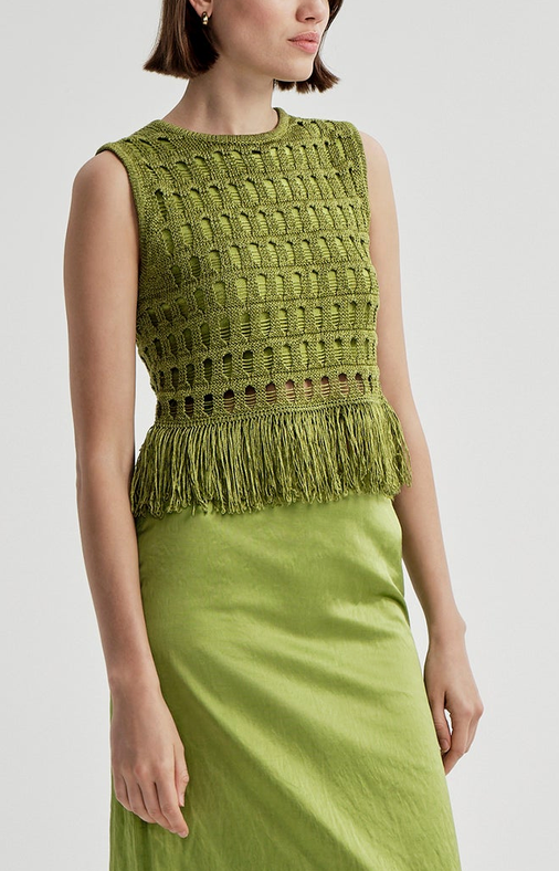Esme Crochet Fringe Top Sage