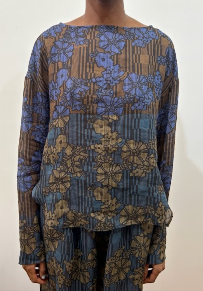 Barter Top Teal hibiscus print