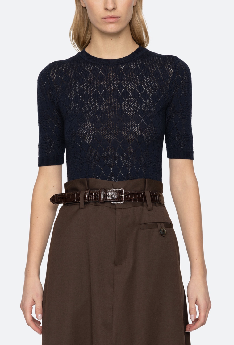 Jane Argyle Short Sleeve Sweater Navy