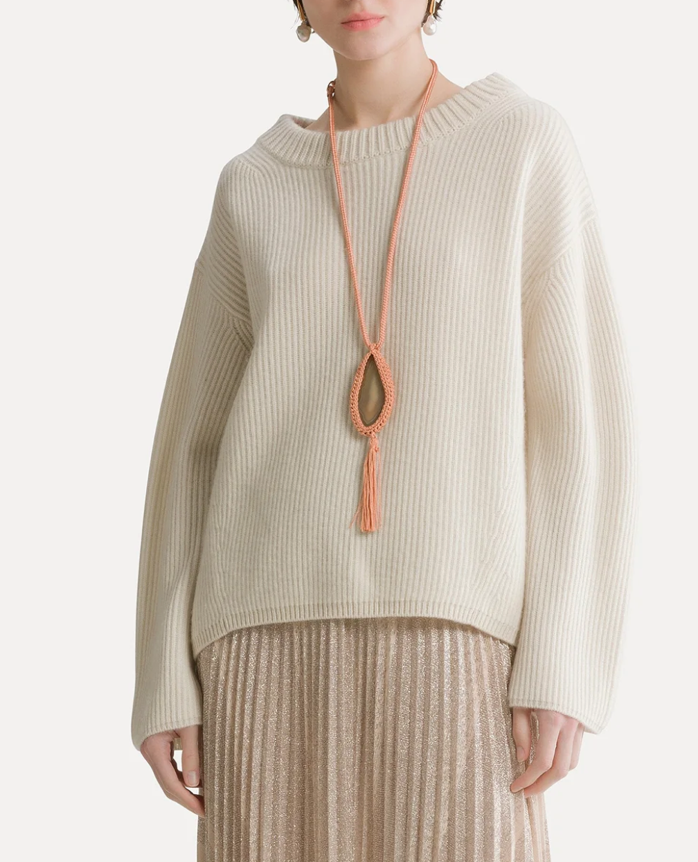 wool and cashmere ribbed knit jumper with boatneck pure cream