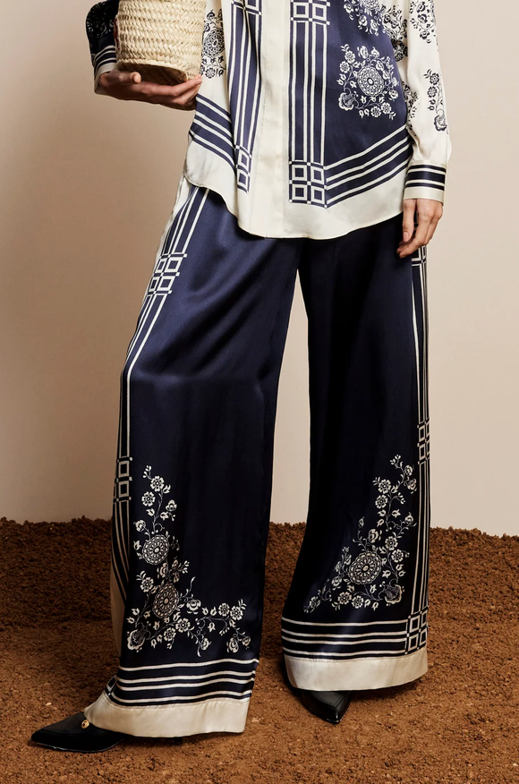Banderra Silk Pant In Navy/Ivory Floral Stripe