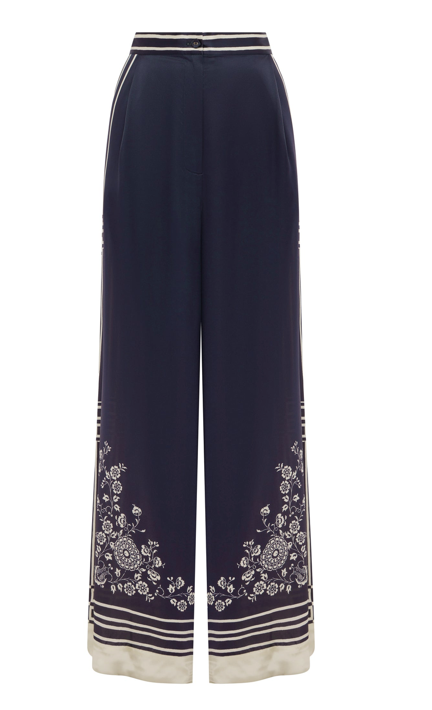 Banderra Silk Pant In Navy/Ivory Floral Stripe