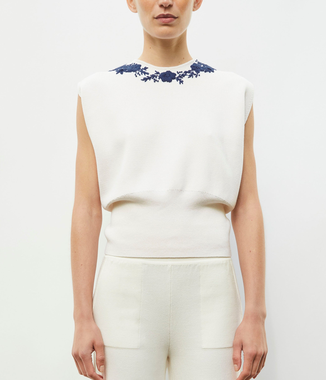 Fusain knit top with hand embroidered details milk blue faience