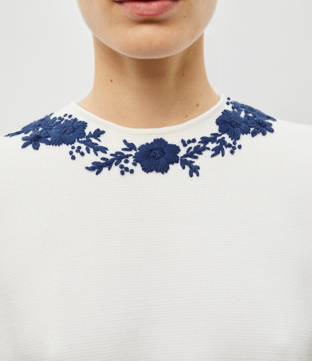 Fusain knit top with hand embroidered details milk blue faience