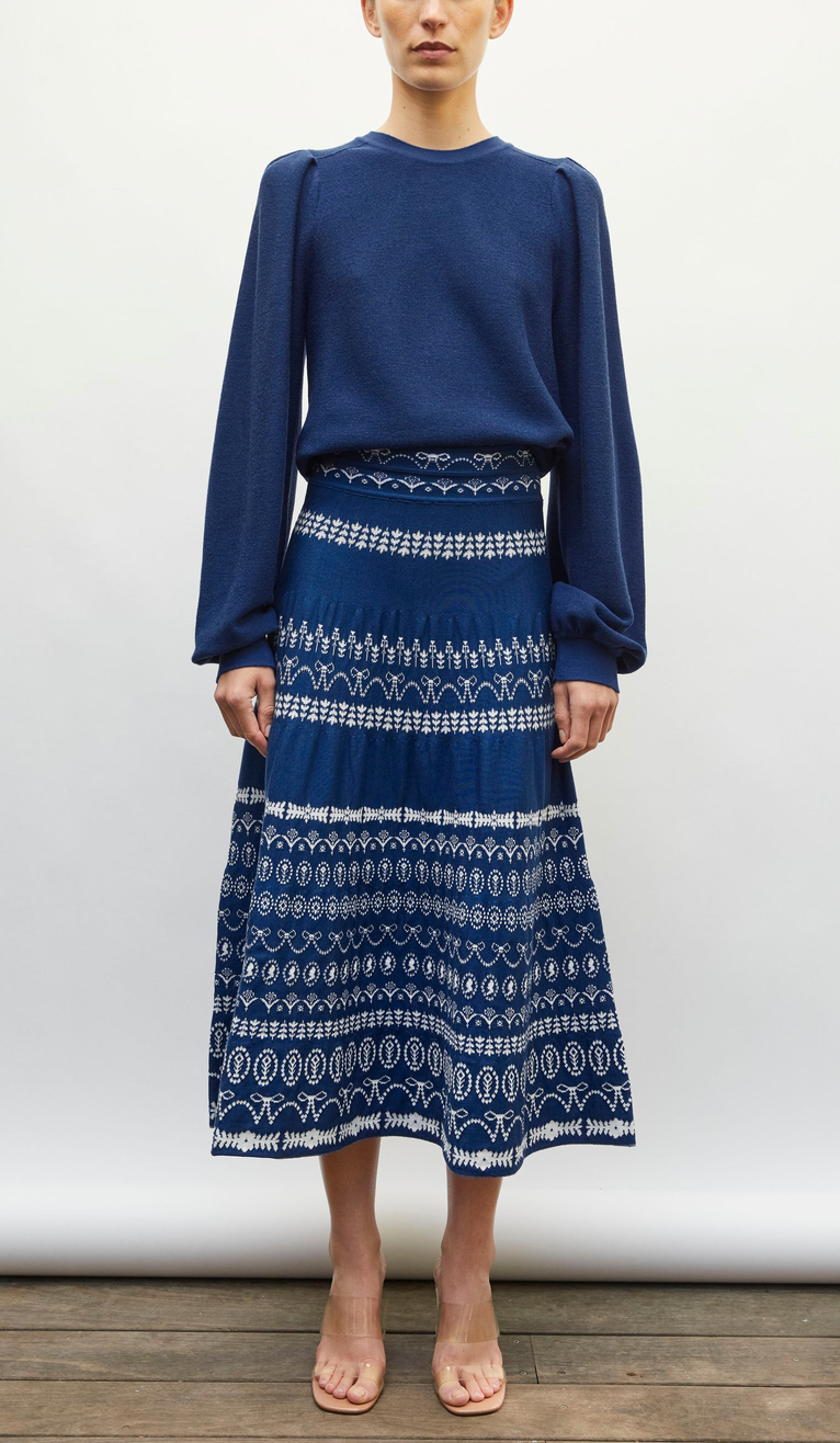 Farandole fine sweater with gathered sleeves blue faience