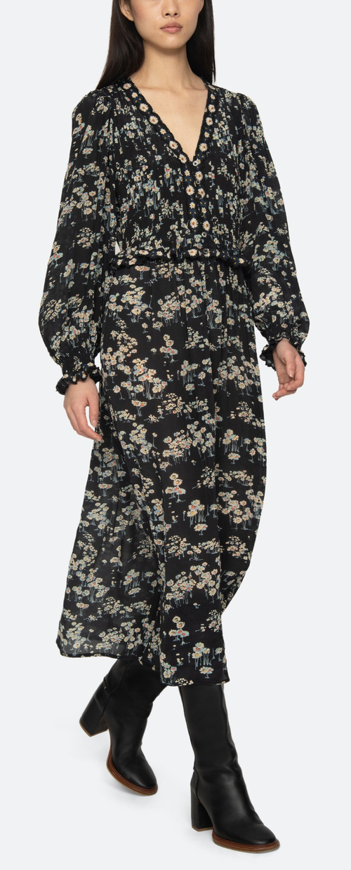 Mona Print V-Neck Midi Dress Black