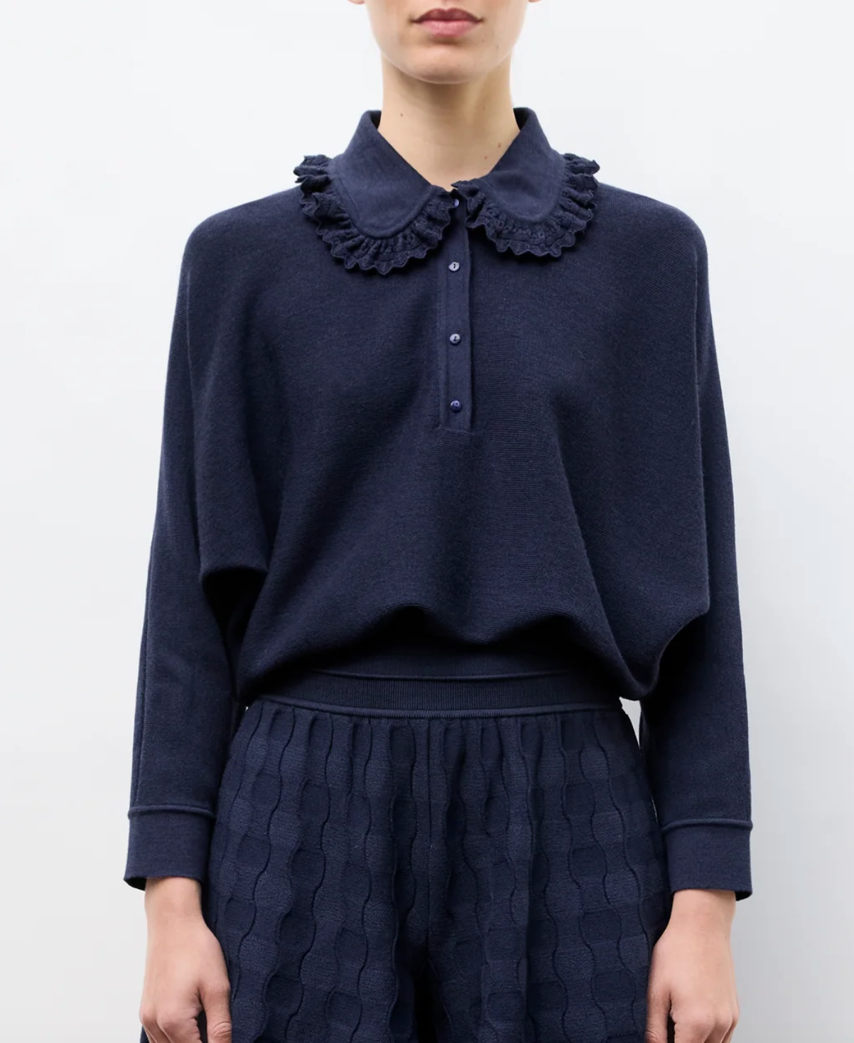 Fontaine wide knit top lace collar indigo
