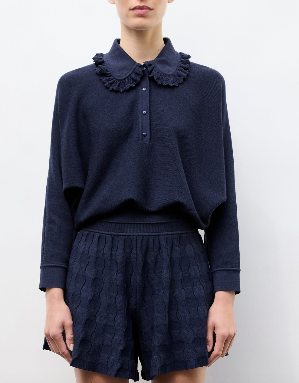 Fontaine wide knit top lace collar indigo